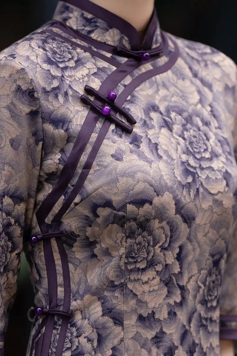 Purple Long Sleeves Peony Flower Qipao cheongsam Dress