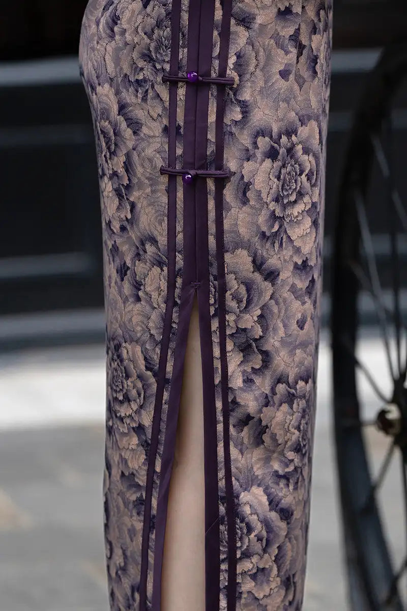 Purple Long Sleeves Peony Flower Qipao cheongsam Dress