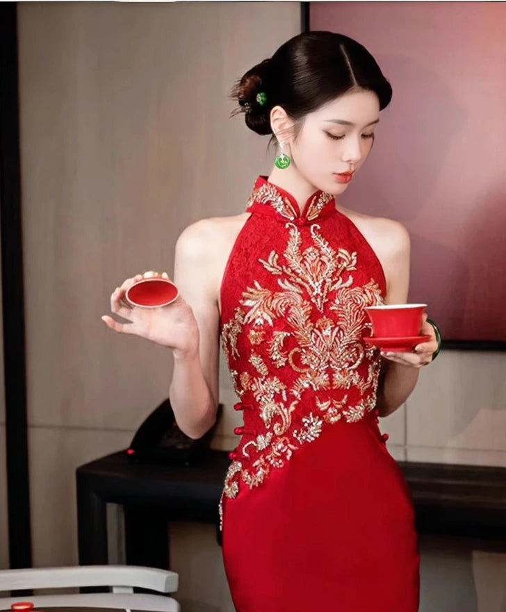 Red Halter wedding cheongsam with Golden Sequin Flowers