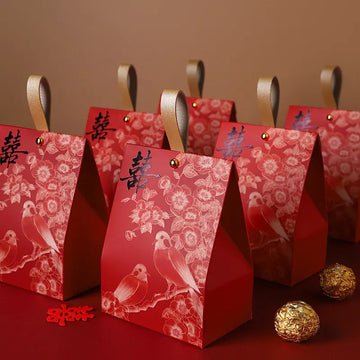 Red Red & Black Double Happiness Wedding Favor Box – Blossom & Bird gift boxes with floral and bird patterns on a brown background