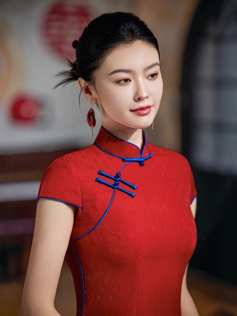 Red Cap Sleeve Jacquard  Long Qipao for bride With Blue Trim