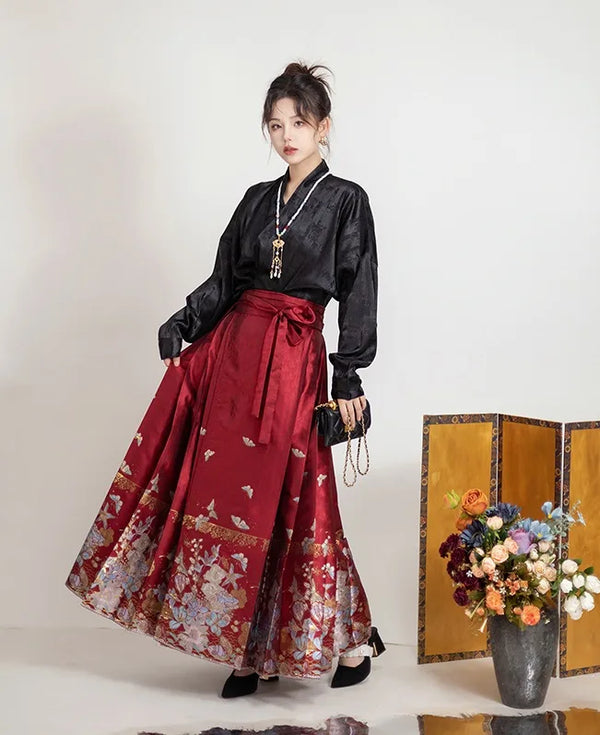 red Chinese Hanfu Ming Dynasty Waven Gold MaMian Skirt and Cross-collar Blouse