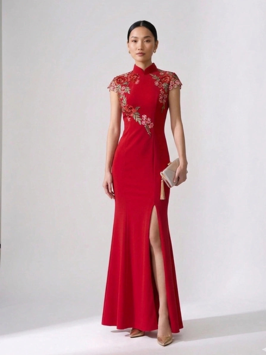 strapless open back dress Red Floral Thigh-High Slit Floor Length Mermaid Qipao Dress