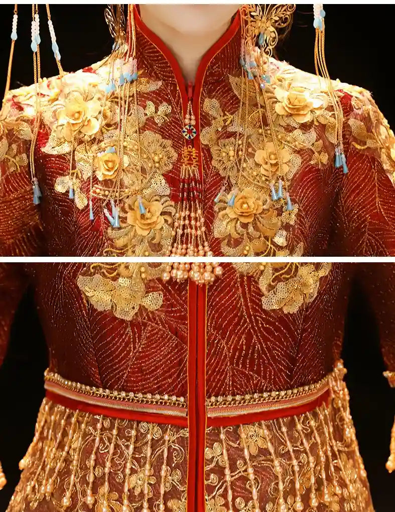 Decorative traditional outfit with intricate gold embroidery on a dark background