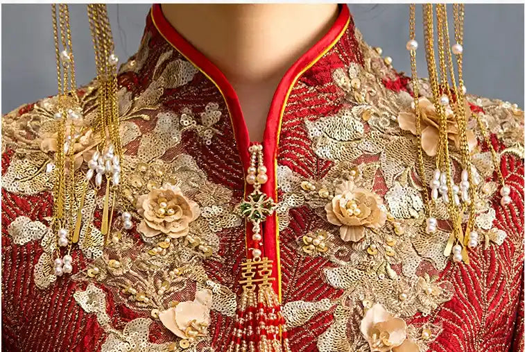 Decorative Red Glittering Qun Kwa Wedding Dress – Traditional Chinese Bridal Attire garment with intricate patterns and jewelry on a plain background