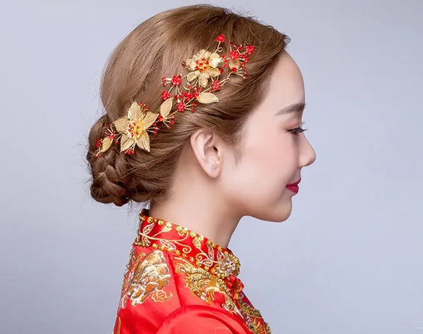 Red & Golden Oriental  bridal Hairpiece for chinese wedding tea ceremony