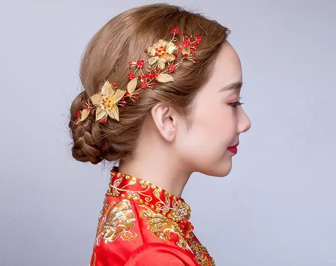 Red & Golden Oriental  bridal Hairpiece for chinese wedding tea ceremony