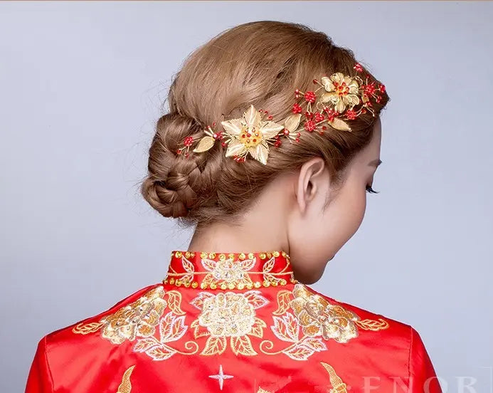 Red & Golden Oriental  bridal Hairpiece for chinese wedding tea ceremony