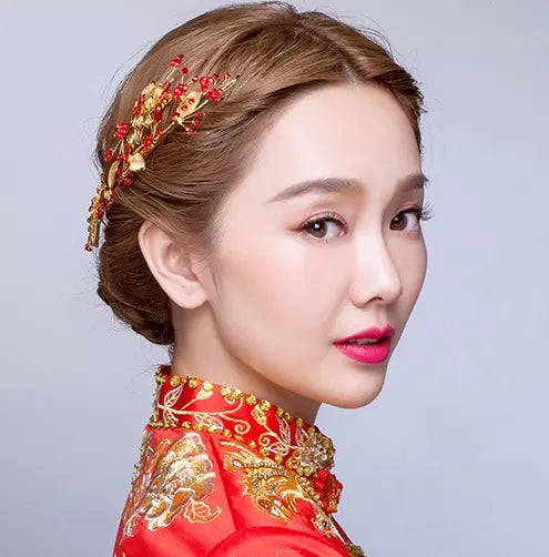 Red & Golden Oriental  bridal Hairpiece for chinese wedding tea ceremony
