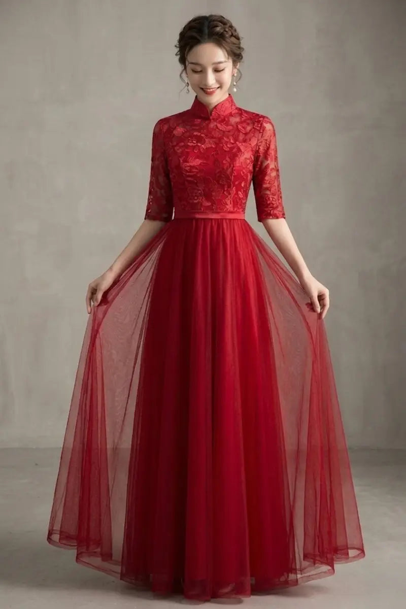 Red Lace Tulle Cheongsam/Qipao Dress-Custom Size Available