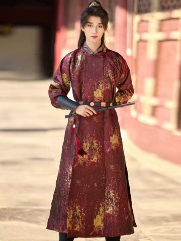 Traditional chinese Red Tang Dynasty Round Collar Hanfu Robe for men
