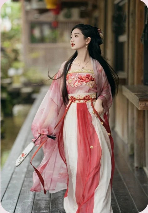 Red and Pink Peony Embroidered Song Dynasty Hanfu Dress