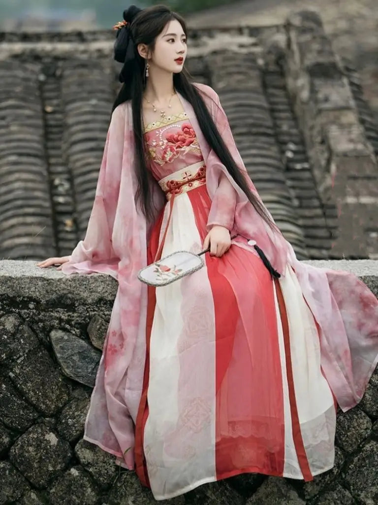 Red and Pink Peony Embroidered Song Dynasty Hanfu Dress