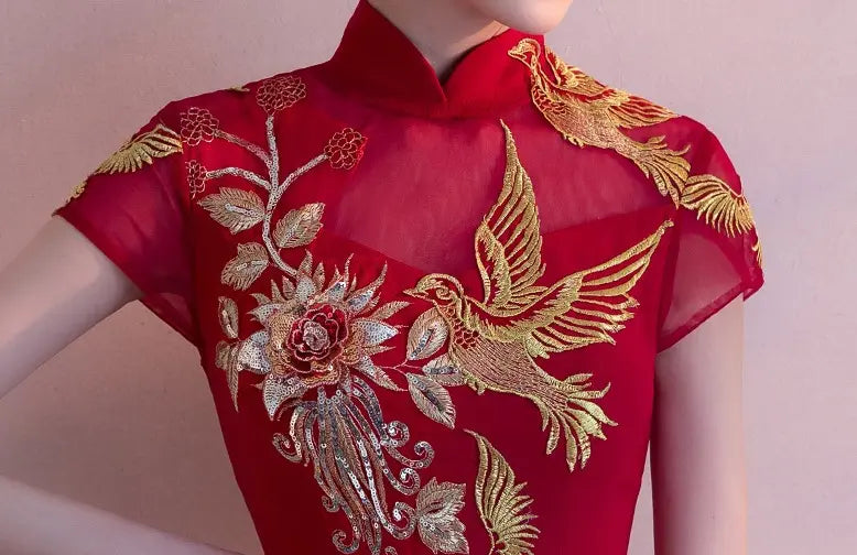 Red chinese wedding mermaid cheongsam Dress with Golden Bird  and Flowers