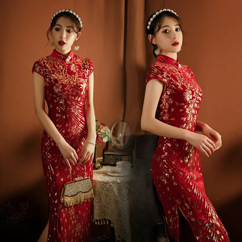 Red velvet short sleeves  Cheongsam Qipao dress with Sequins  for bride