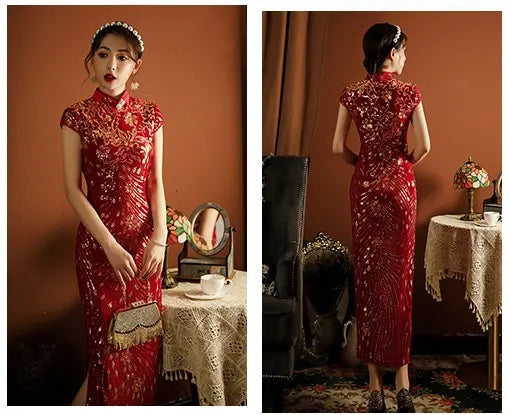 Red velvet short sleeves  Cheongsam Qipao dress with Sequins