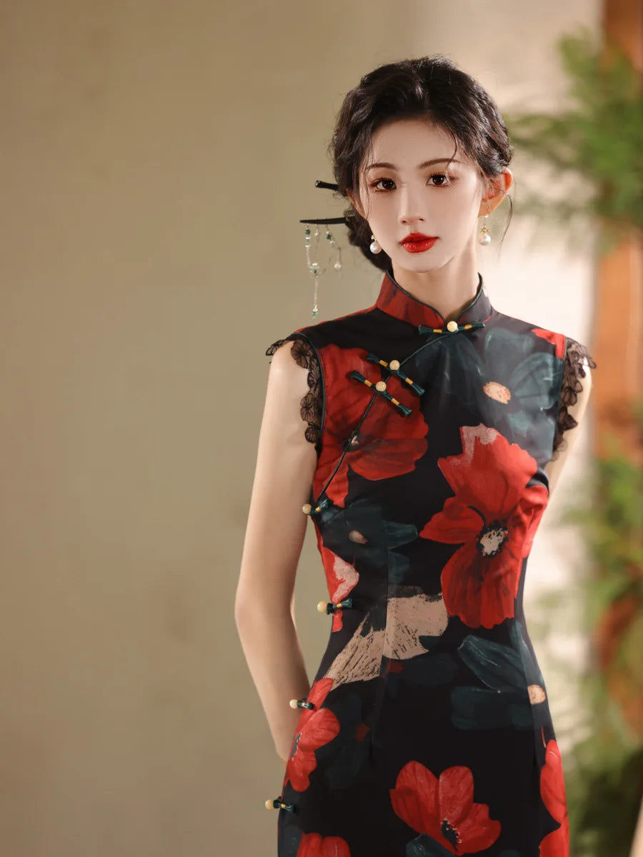 Woman wearing a Red Black Floral Cheongsam Qipao Dress  with red and black flowers against a blurred background