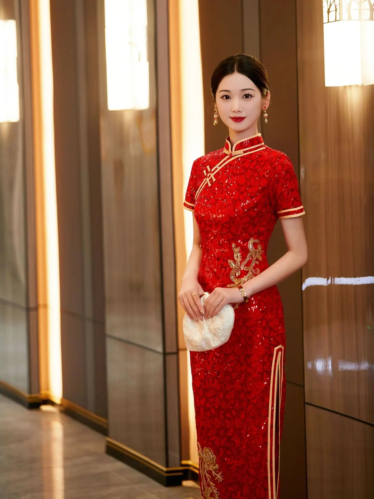 Traditional Chinese wedding Red Sequin Qipao Cheongsam with Gold Flower