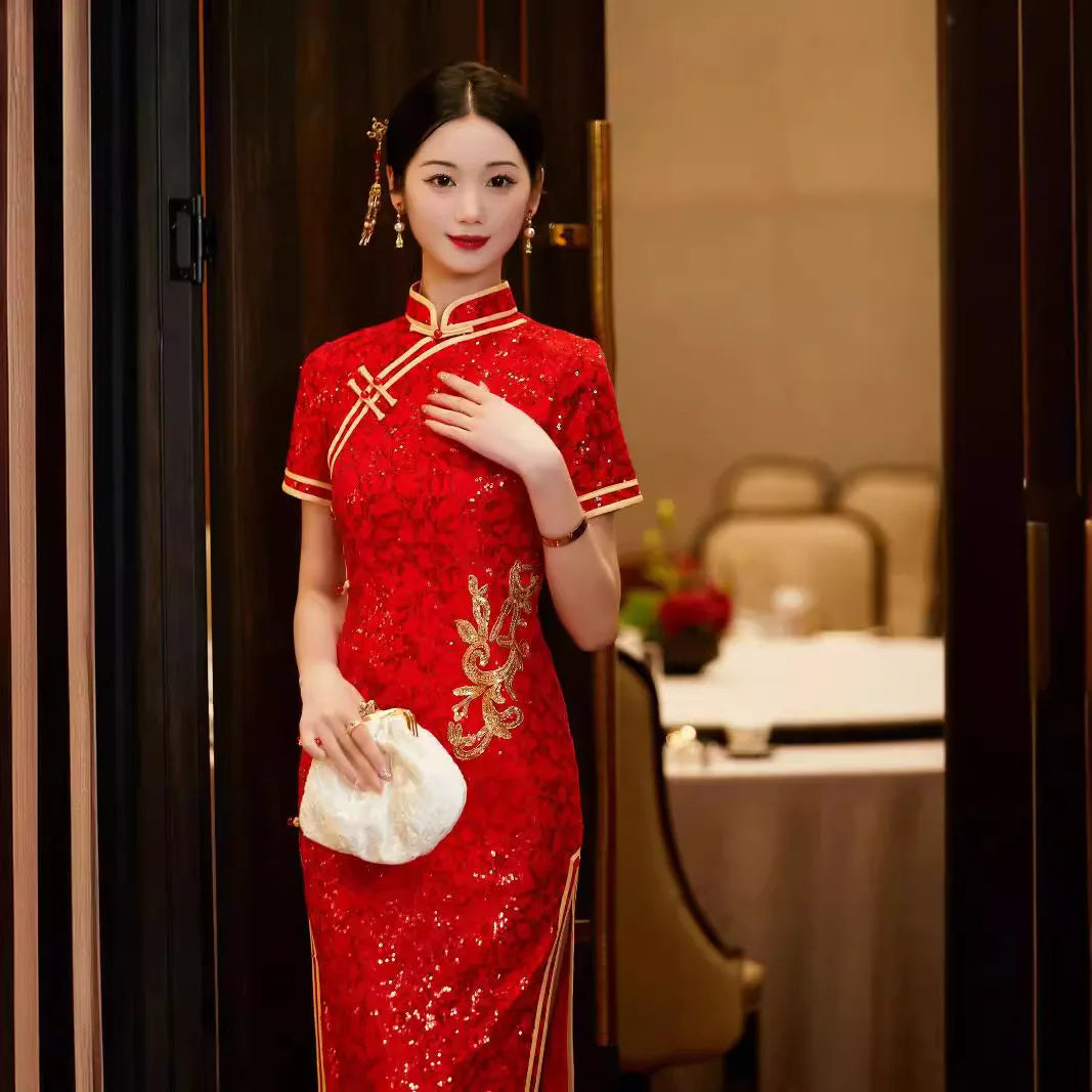 Traditional Chinese wedding Red Sequin Qipao Cheongsam with Gold Flower