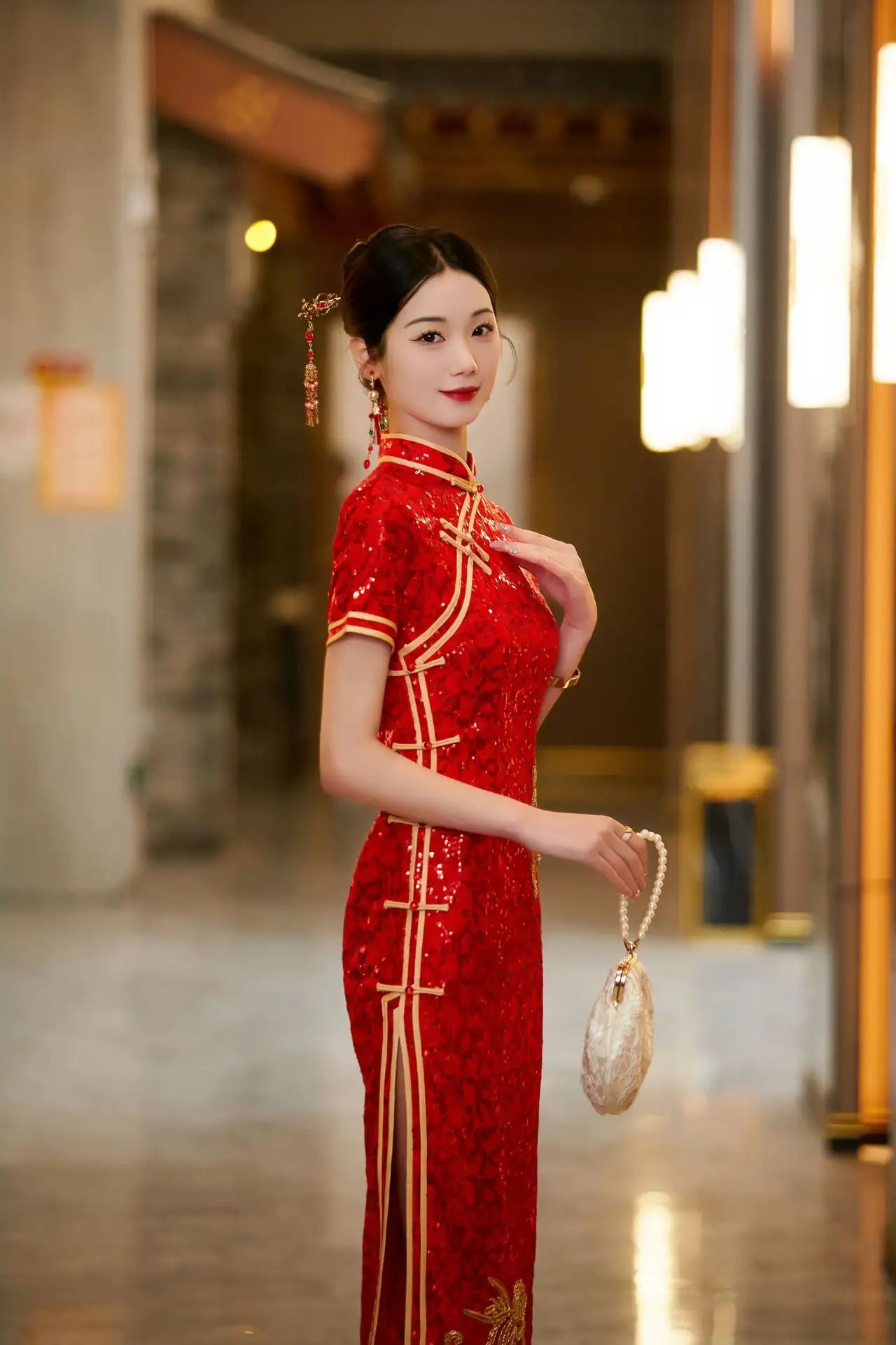 Traditional Chinese wedding Red Sequin Qipao Cheongsam with Gold Flower