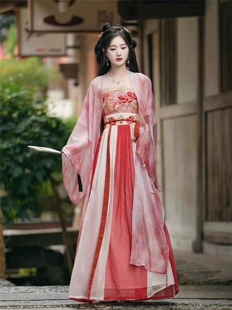 Red and Pink Peony Embroidered Song Dynasty Hanfu Dress