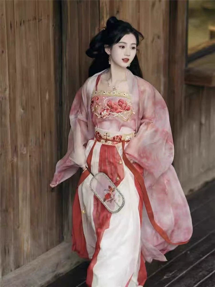 Red and Pink Peony Embroidered Song Dynasty Hanfu Dress