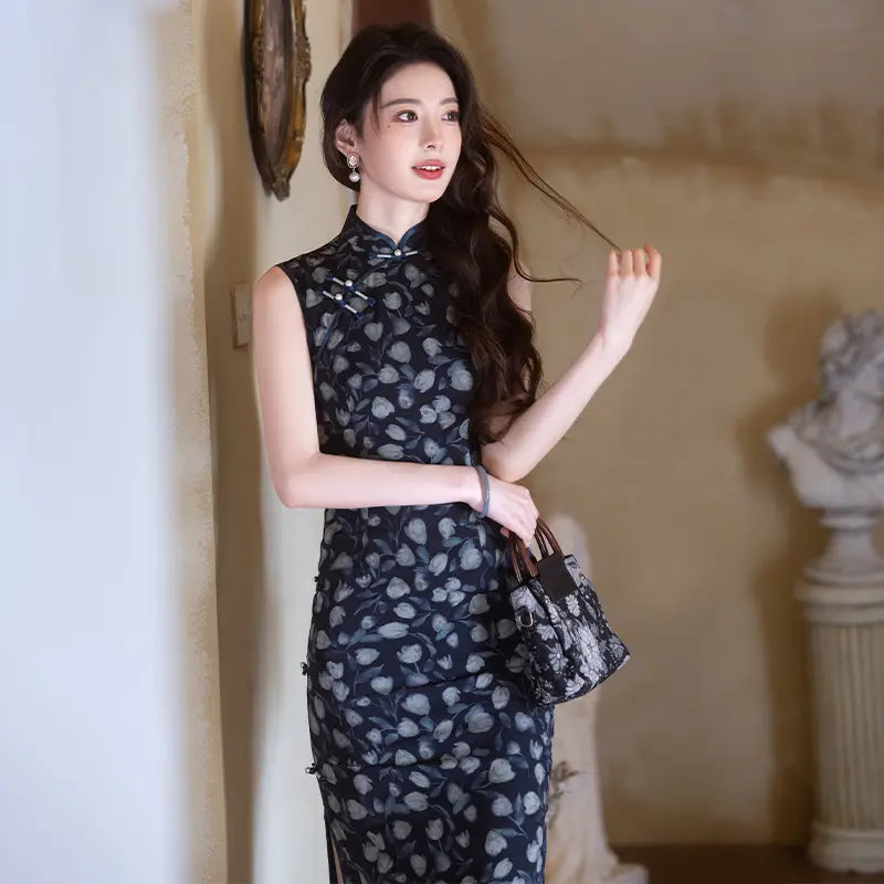 Sleeveless Navy Blue Foral Print summer Qipao