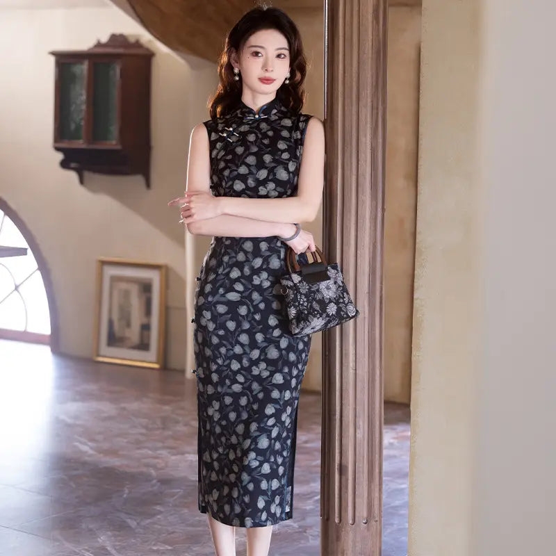 Sleeveless Navy Blue Foral Print summer chinese cheongsam dress