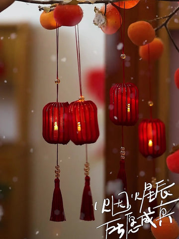 Small Festive Red Fabric Lantern with LED Light and Tassels