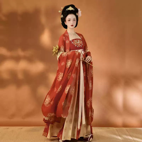 Red Tang Dynasty HanFu Dress with Floral Print