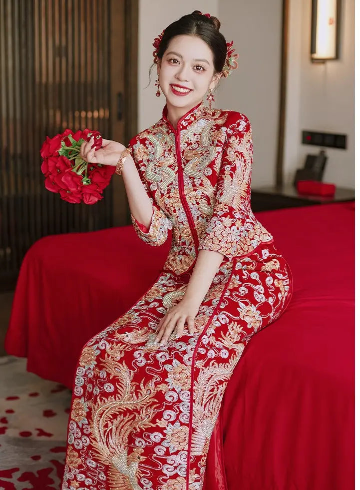 Traditional Red Chinese Wedding dragon pheonix Qun Kwa dress for bride