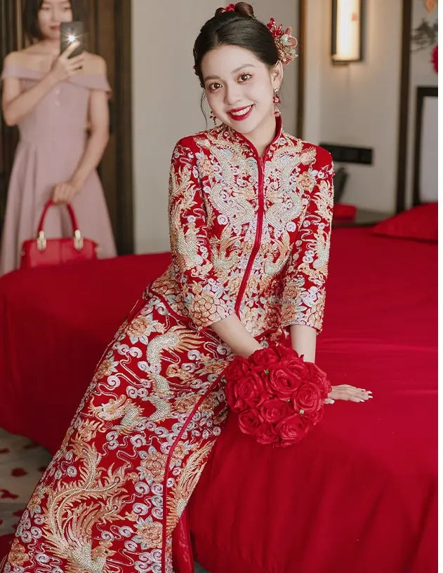 Traditional Red Chinese Wedding dragon pheonix Qun Kwa dress for bride