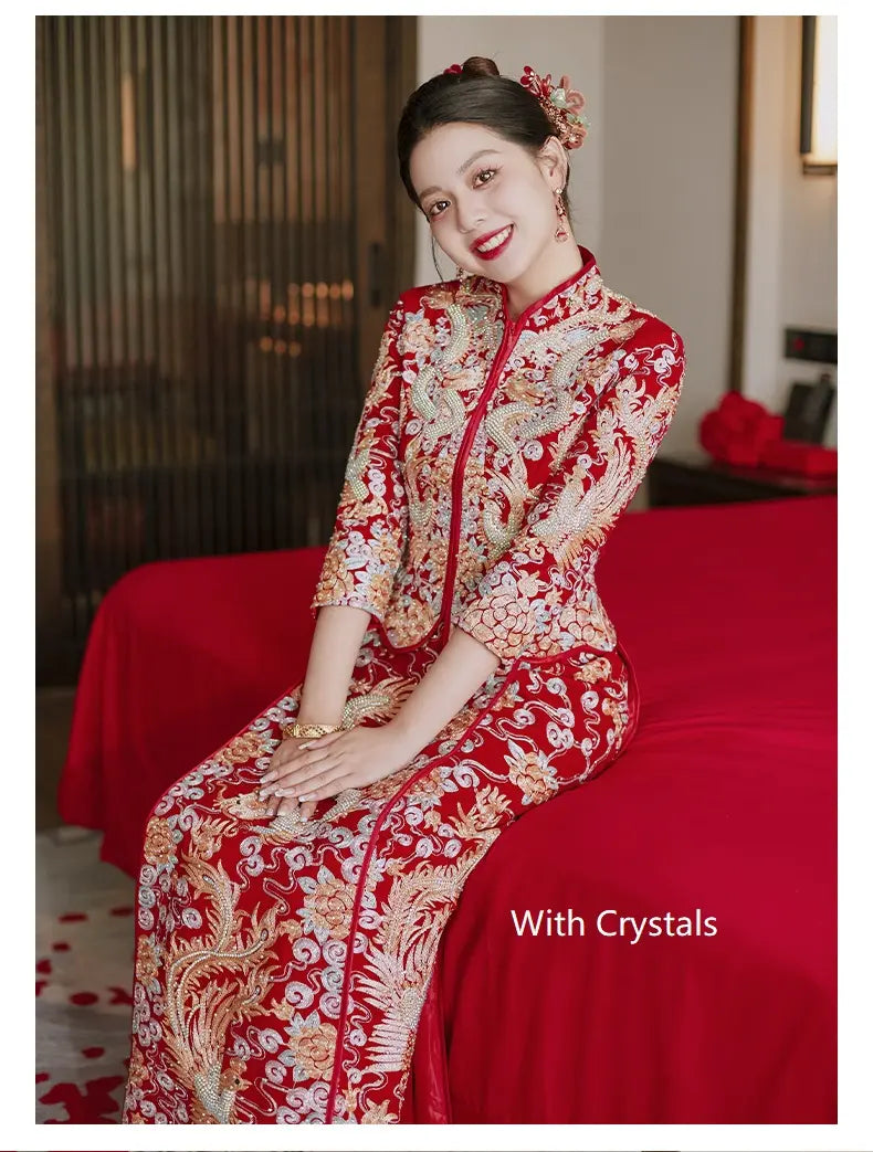 Traditional Red Chinese Wedding dragon pheonix Qun Kwa dress for bride