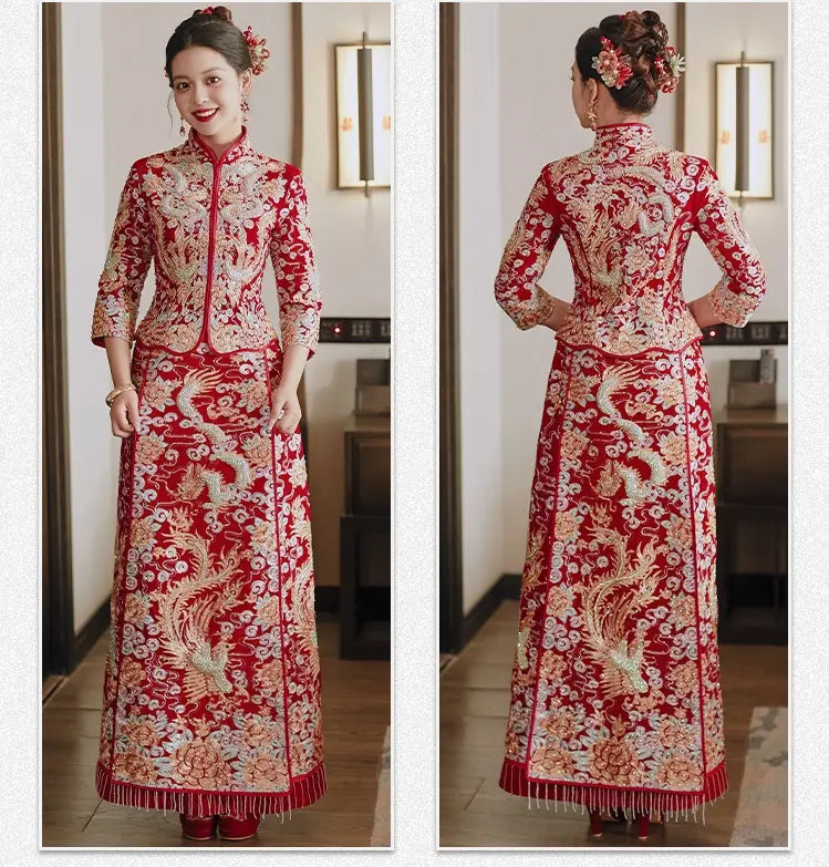 Traditional Red Chinese Wedding dragon pheonix Qun Kwa dress for bride