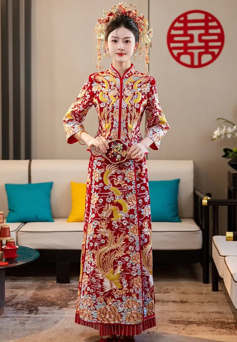 Traditional Red Chinese Wedding dragon pheonix Qun Kwa dress for bride