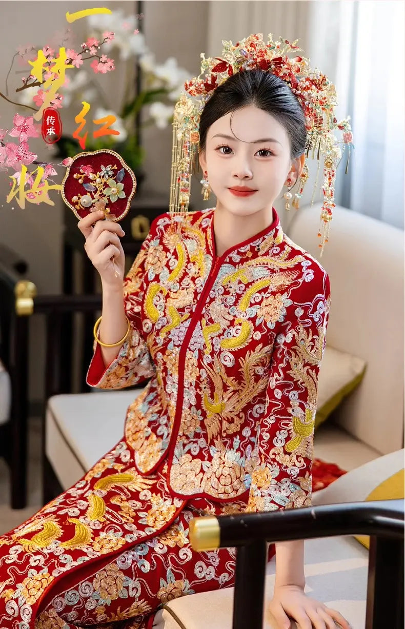Traditional Red Chinese Wedding dragon pheonix Qun Kwa dress for bride