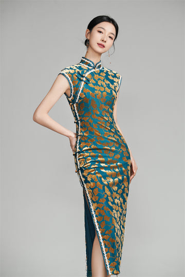 Velvet Ginkgo Leaf Floral Print Cheongsam Dress in Teal and Gold