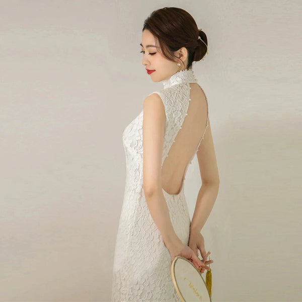 White Open Back Lace Cheongsam Qipao Dress