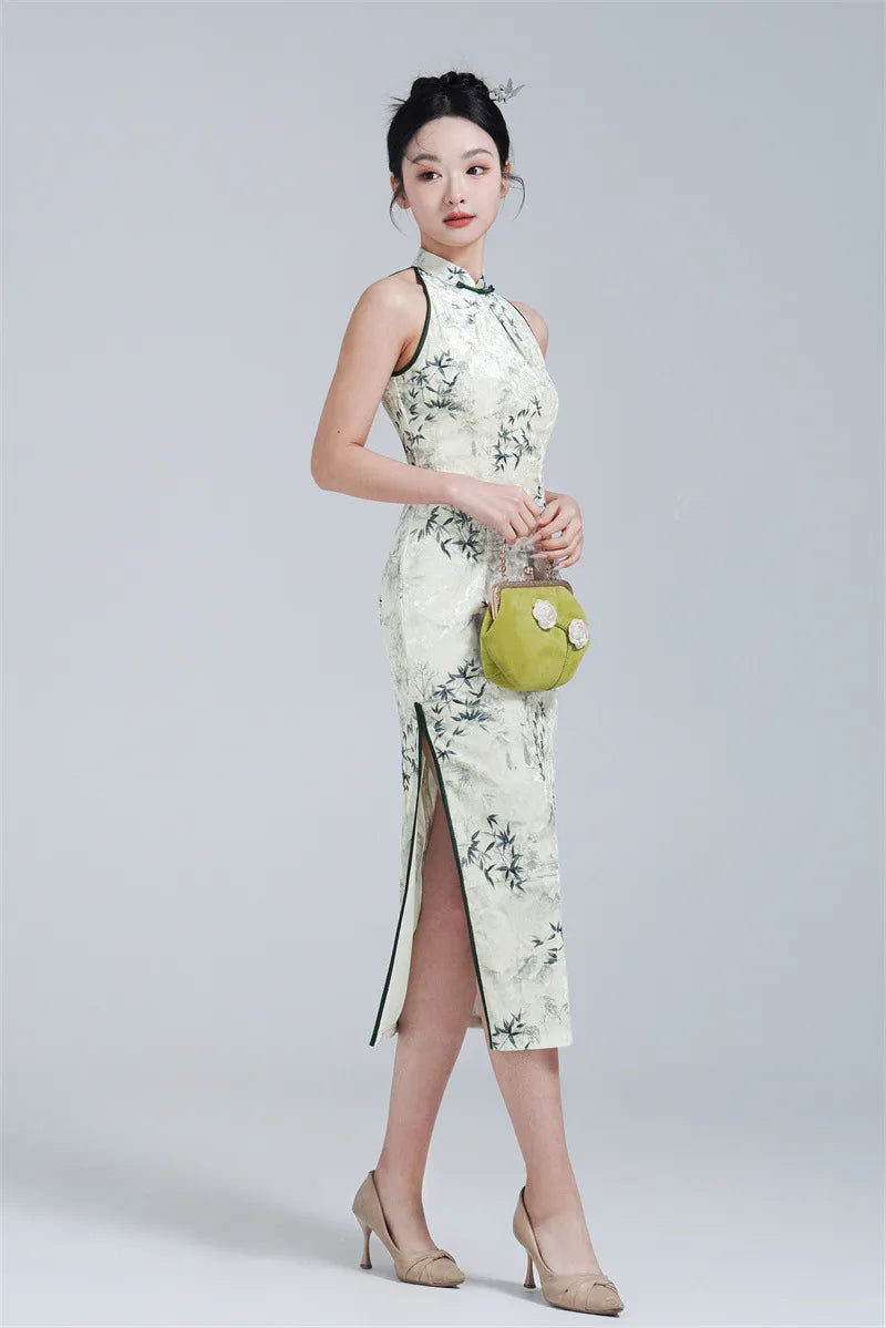 White and Green Halter Neck Velvet Modern summer chinese Qipao dress