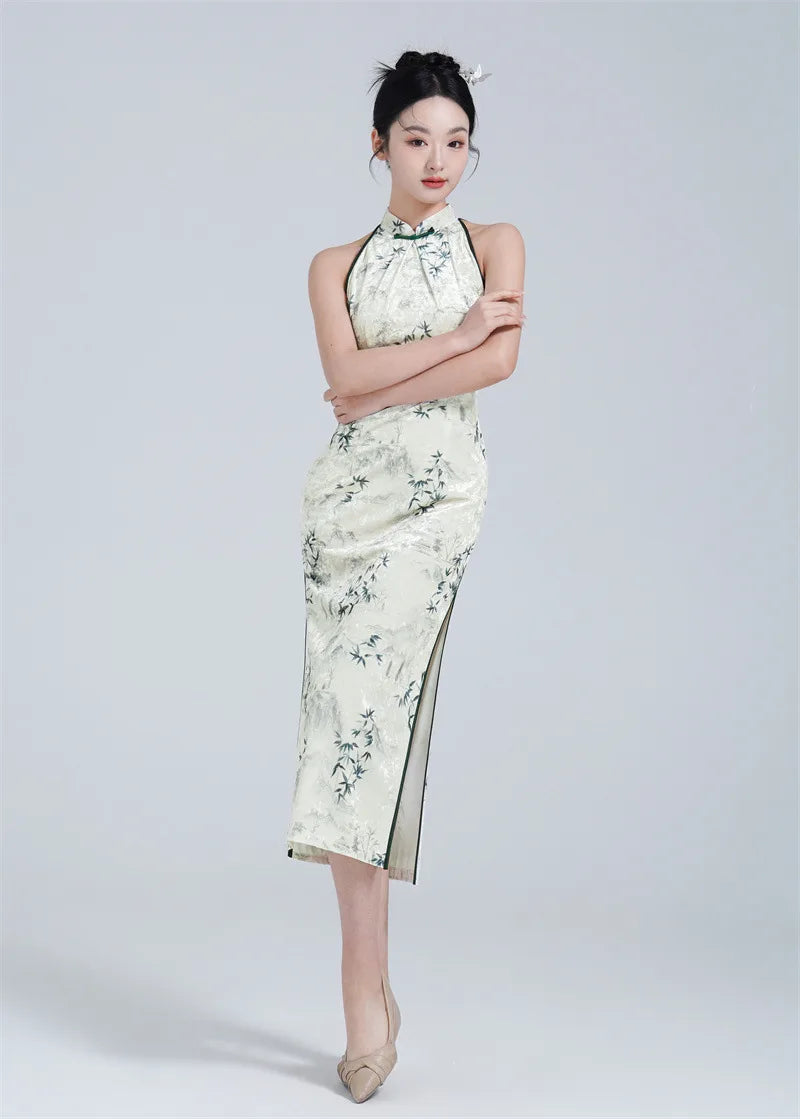 White and Green Halter Neck Velvet Modern cheongsam dress for summer