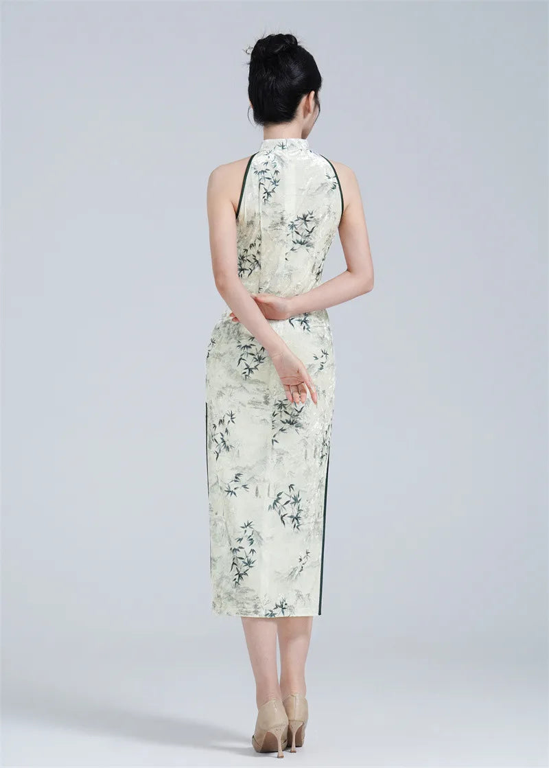 White and Green Halter Neck Velvet Modern chinese Qipao dress
