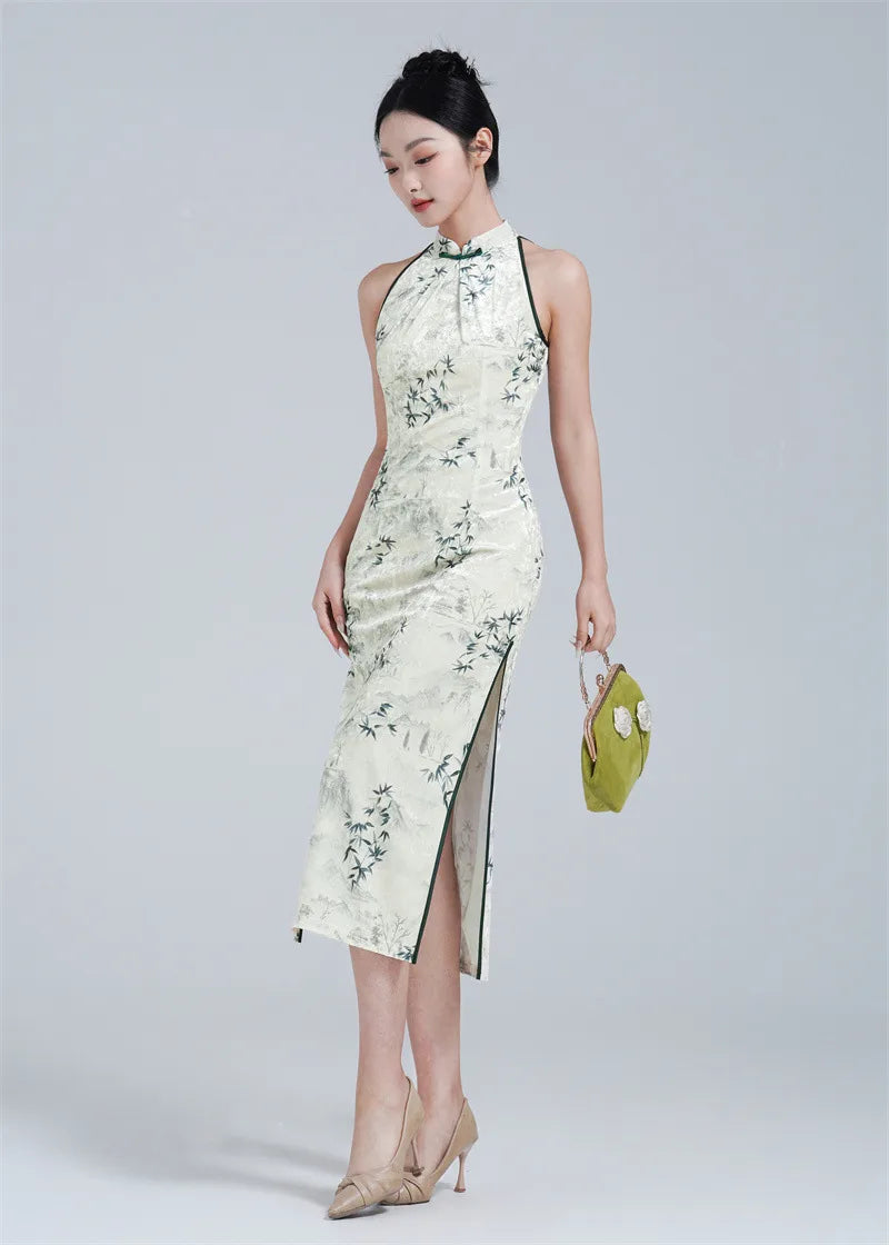 White and Green Halter Neck Velvet Modern Qi pao dress