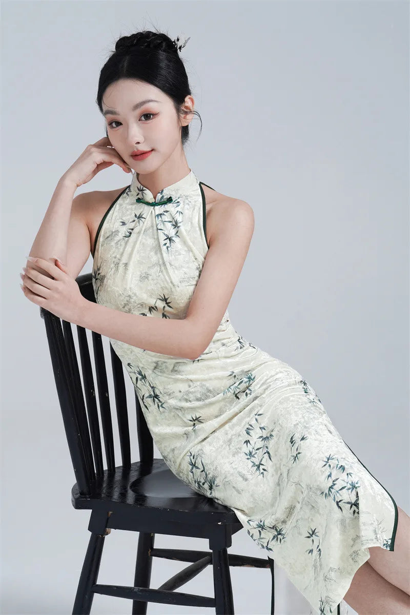 White and Green Halter Neck Velvet Modern Qipao dress