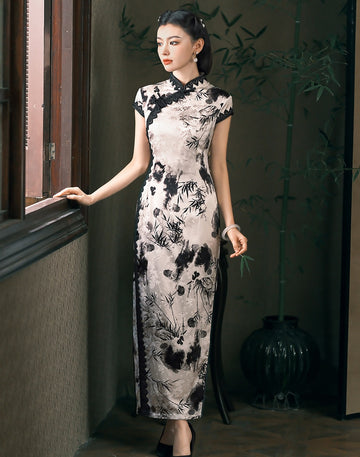 Robe Qipao en soie blanche et noire
