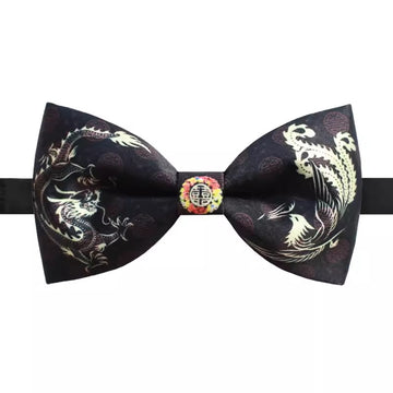 a Black bow tie with golden dragon and phoenix for groom's traditional chinese wedding attire