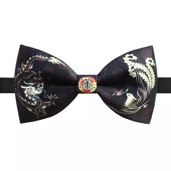 a Black bow tie with golden dragon and phoenix for groom's traditional chinese wedding attire