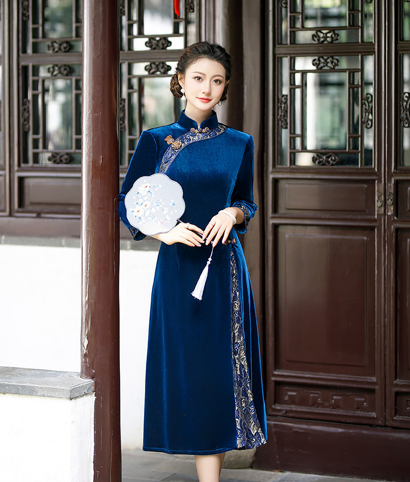 Sleeve Qipao Dress Long Sleeve Oriental Dress Long Sleeves A-Line Velvet Qipao With Gold Flowers Sleeve Qipao Dress Long Sleeve Oriental Dress Long Sleeves A-Line Velvet Qipao With Gold Flowers