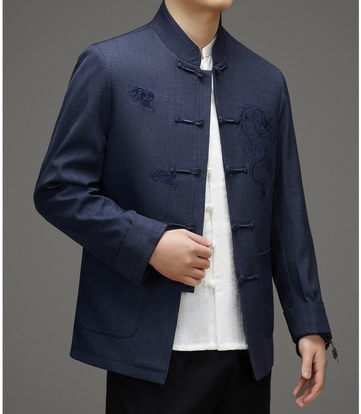 Blaue Tang-Jacke mit Drachenwolken-Stickerei