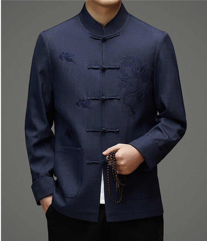 Blaue Tang-Jacke mit Drachenwolken-Stickerei