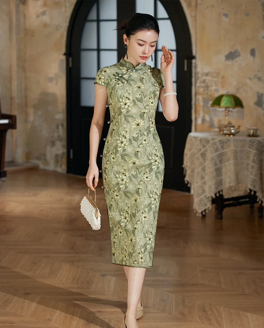 luxury Chinese Mute Green Floral Silk Cap sleeves Qipao cheongsam Dress